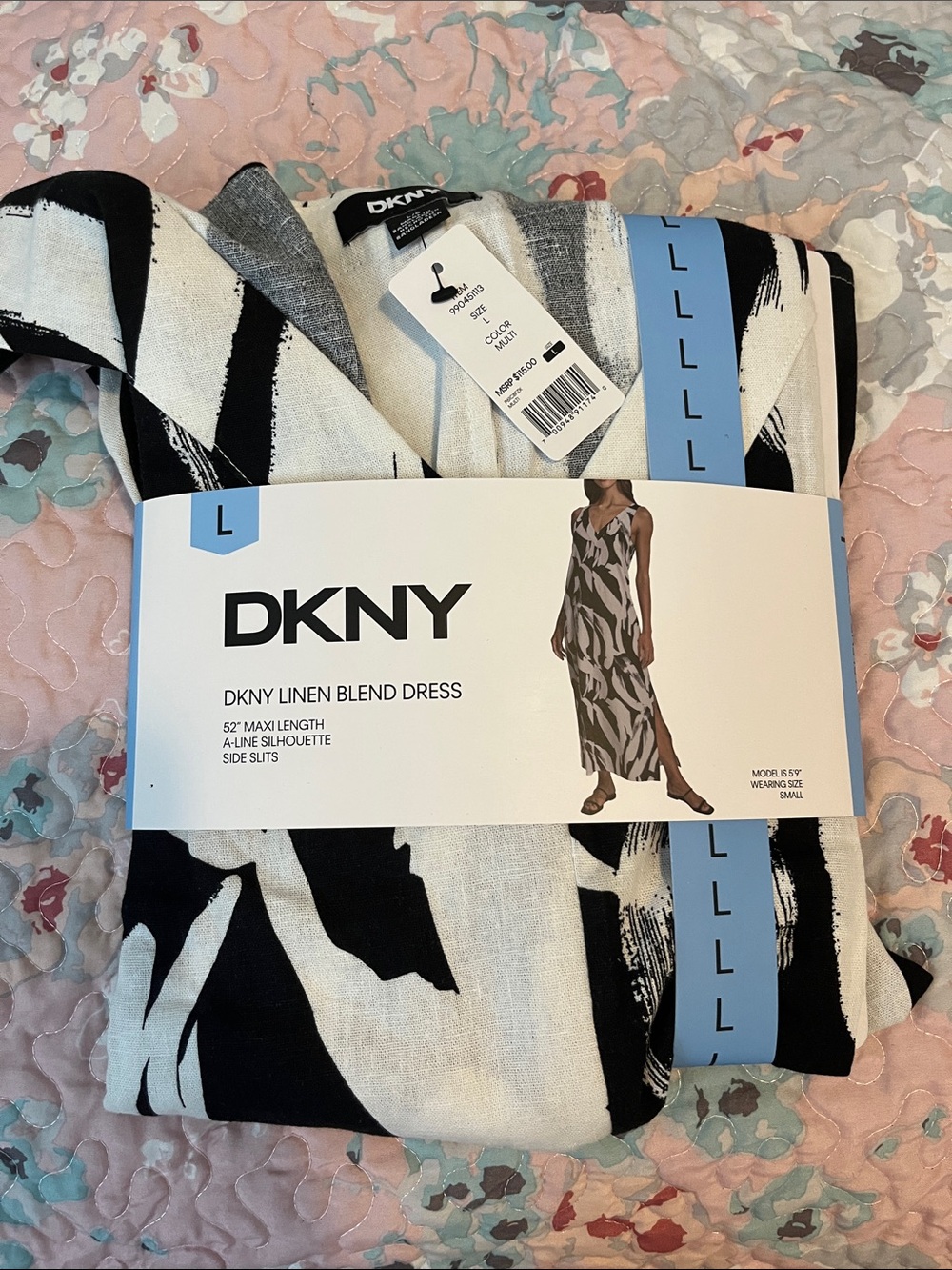 DKNY Black and White Linen Blend A-Line Dress